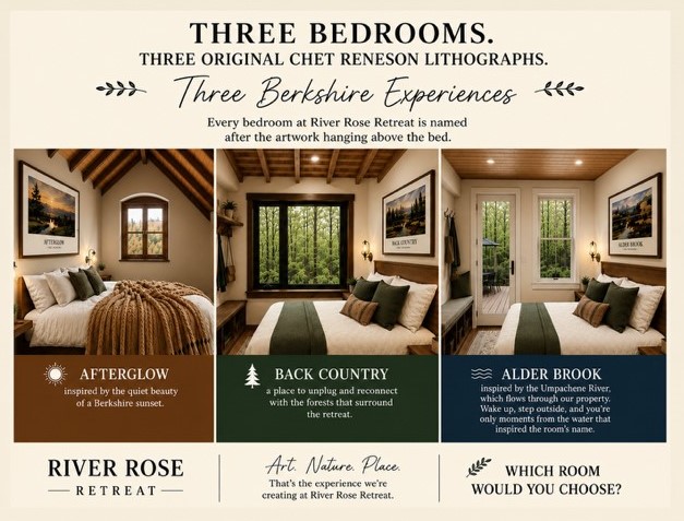 The Afterglow, Back Country, and Alder Brook bedrooms with Chet Reneson artwork