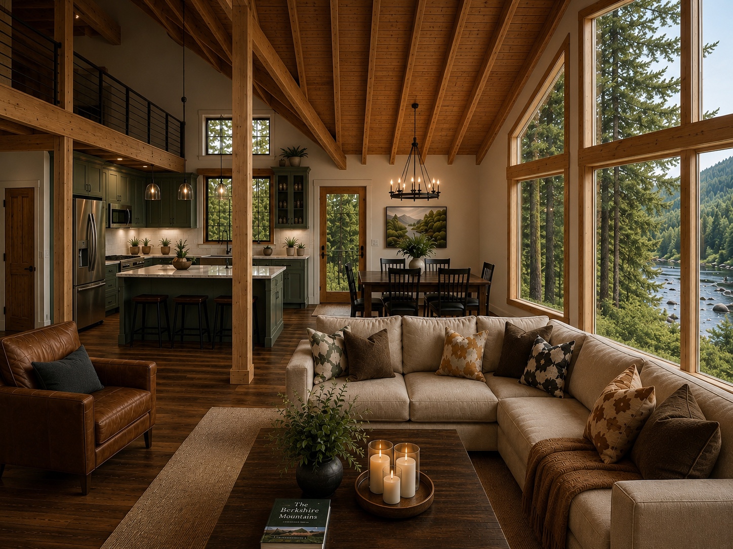 Warm wood interior with large windows looking into the forest