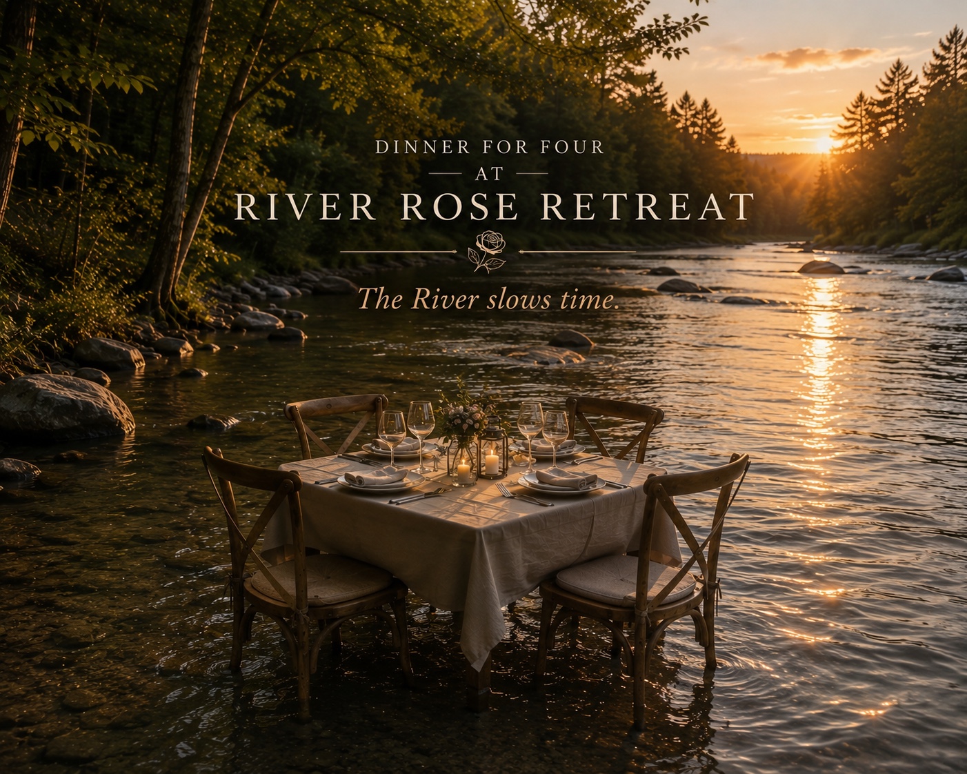 Dining table set in the shallow flow of the Umpachene River